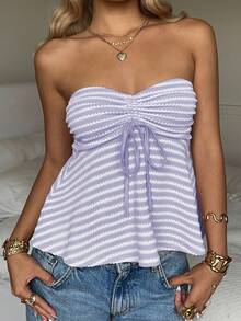 CovetEZ Women's Striped Ruched Bandeau Top, Summer - Purple - View 4