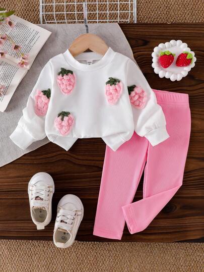 Elladie kids 2pcs Baby Girls Casual Strawberry Print Long Sleeve Sweatshirt And Pants Set, Cute Outfit For Autumn Fall Winter