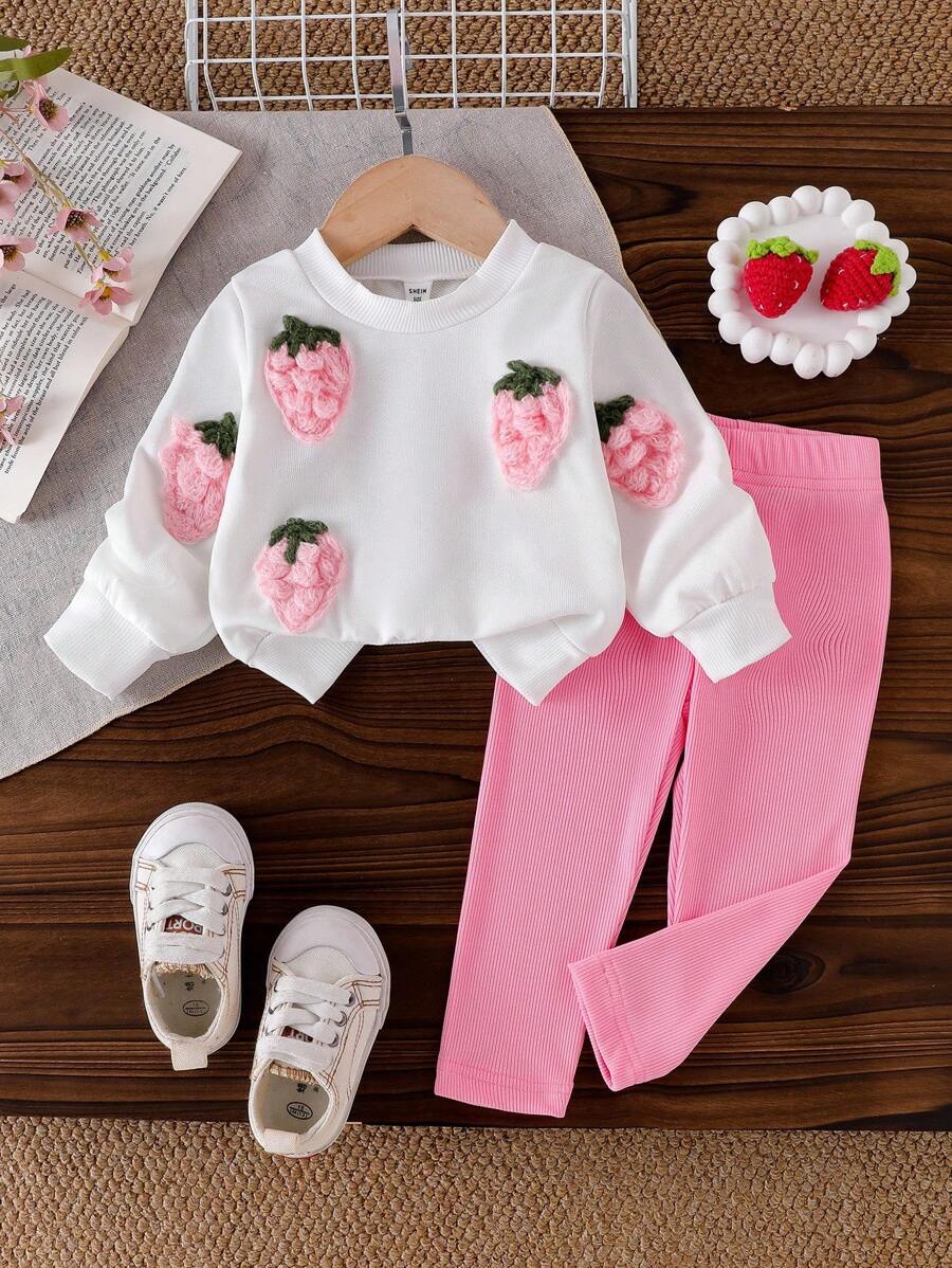2pcs Baby Girls Casual Strawberry Print Long Sleeve Sweatshirt And Pants Set, Cute Outfit For Autumn Fall Winter