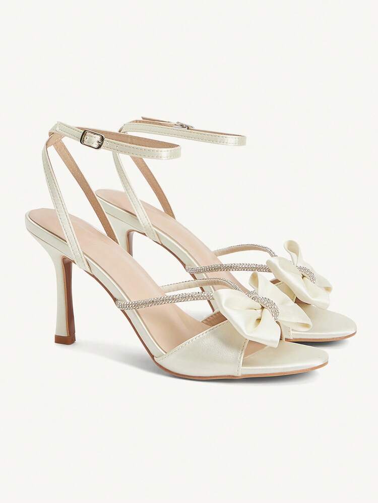 CUCCOO CHICEST Women's Rhinestone Strap Round Toe Stiletto Heel Elegant Sweet Romantic Fashion Beige Satin High Heel Sandals, Suitable For Dress, Bridesmaid, Wedding Guest, Afternoon Tea, Date, Party, Elegant Outfit, Wedding Season, Ball, Halloween, Lolita, Birthday Party, Valentine's Day
