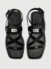 CUCCOO BIZCHIC 女士舒适日常平底凉鞋，方头，细带，金属扣，时尚百搭露趾休闲凉鞋 - 黑色 - 查看 2