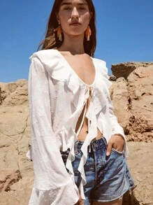 Maija 2025 年夏季新款奶油黄色浪漫荷叶边饰边、系带腰带、不对称下摆、提花纹理面料女式吊带背心，现代优雅休闲办公室日常穿着，适合婚礼宾客、工作、旅行、派对、乡村街头风格、独立日、约会、返校、Y2K 秋季 - 白色 - 查看 1