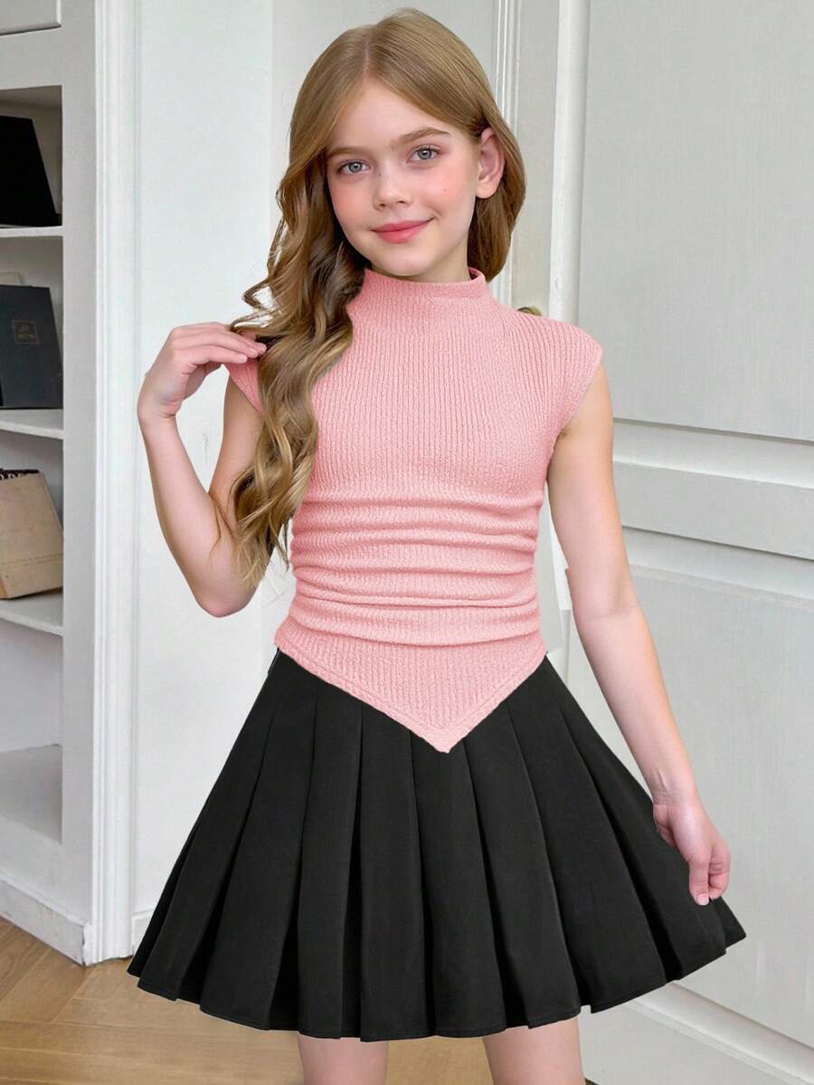 SHEIN 青少年女孩休闲针织纹理修身立领褶饰不对称下摆短袖上衣，适合春夏季 - 淺粉色 - 查看 1