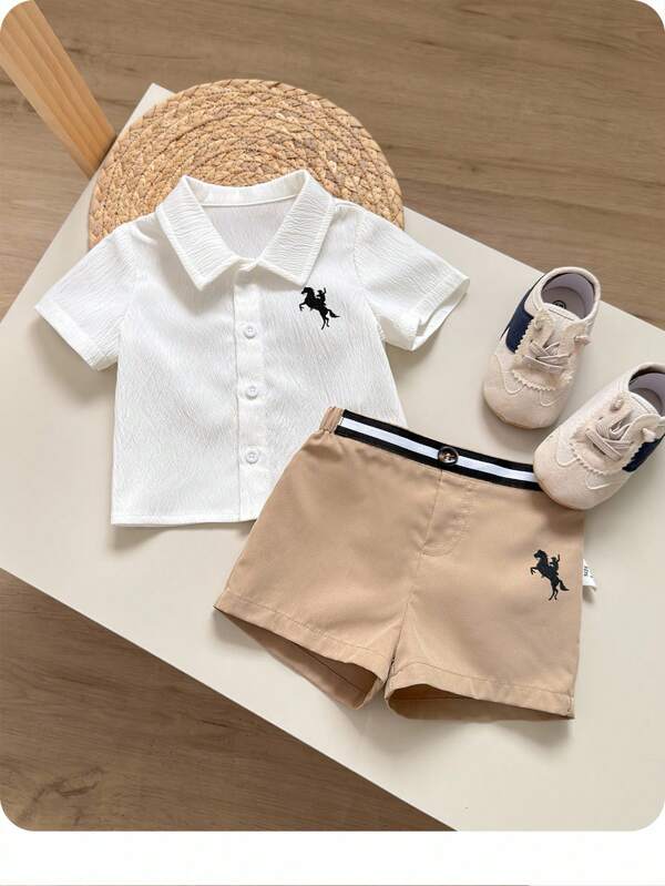 Conjunto de camiseta de manga corta blanca casual y versátil para bebé recién nacido niño/niña, talla grande pantalón corto caqui de cintura elástica