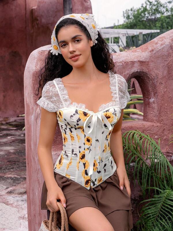 Myrelith 1 pieza Parte superior de corsé con estampado de encaje y parches para mujer, top de corsé con encaje, top de corsé floral, top de corsé de verano para mujer