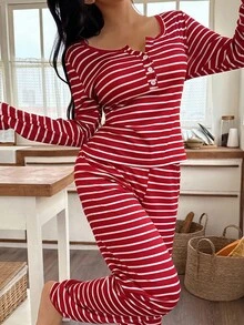 SHEIN Women's Front Button Casual Striped Print Long Sleeve Red And White Striped Top & Pants Pajama Set, Fall Winter Clothes Cozy And Elegant Details