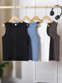 Back To School Fashion 4pcs/Set Big Girl Casual Knit Round Neck Camisole, Mist Blue, Milky White, Light Gray, Dark Gray, Spring/Summer Boys Sleeveless Tops Boys Summer Tank Tops Boys Tank Tops - Multicolor - View 1