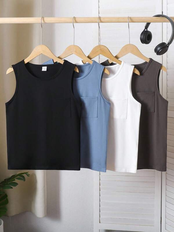 Back To School Fashion 4pcs/Set Big Girl Casual Knit Round Neck Camisole, Mist Blue, Milky White, Light Gray, Dark Gray, Spring/Summer Boys Sleeveless Tops Boys Summer Tank Tops Boys Tank Tops