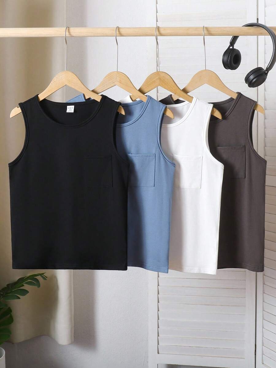 Back To School Fashion 4pcs/Set Big Girl Casual Knit Round Neck Camisole, Mist Blue, Milky White, Light Gray, Dark Gray, Spring/Summer Boys Sleeveless Tops Boys Summer Tank Tops Boys Tank Tops - Multicolor - View 1