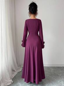 Elenzga Women's Dark Purple Elegant Long Sleeve Maxi Dress,Autumn Vintage Square Neck A-Line Formal Gown With Floral Decor For Wedding,Dining&New Year Party - Red Violet - View 2