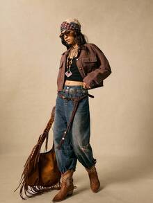 Easelle 复古索环装饰宽松磨损下摆女式牛仔夹克，秋季女装女式西部夹克短款西部夹克棕色短款夹克女式西部装牛仔夹克女式西部衬衫棕色短款夹克 - 棕色 - 查看 6