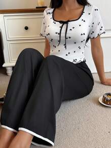 SHEIN Young Style Knitted Pajama Pant Set With Lettuce Trim And Crop Top Pajama Sets For Women Women Pajama Set Lounge Wear Women Set Sleepwear Set Women Two Pieces Pajama Set Women - Multicolor - View 5