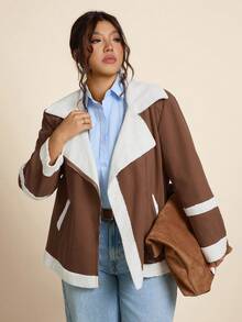 SHEIN LUNE Chaqueta de moto casual de talla grande con forro de piel sintética, para otoño/invierno - Caqui - Ver 4