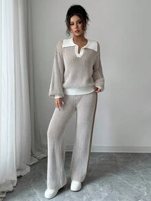 Elenzga 2pcs/Set Women Polo Collar Patchwork Contrast Color Pullover Sweater Top + Long Pants Suit, Autumn/Winter - Mocha Brown - View 6