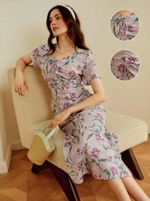 Omancia 秋季女式印花褶皱修身优雅浪漫连衣裙，适合休闲、度假、返校、感恩节、春夏季 - 彩色 - 查看 4