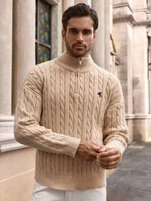 HIMLAND Men's Autumn/Winter Zipper Half-Open Chest Fashionable Knitted Pullover Sweater, Casual Knitwear Cable Knit Sweater Men Knit Jersey Quarter Zip Polo Sweater, Long Sleeve Top - Apricot - View 4