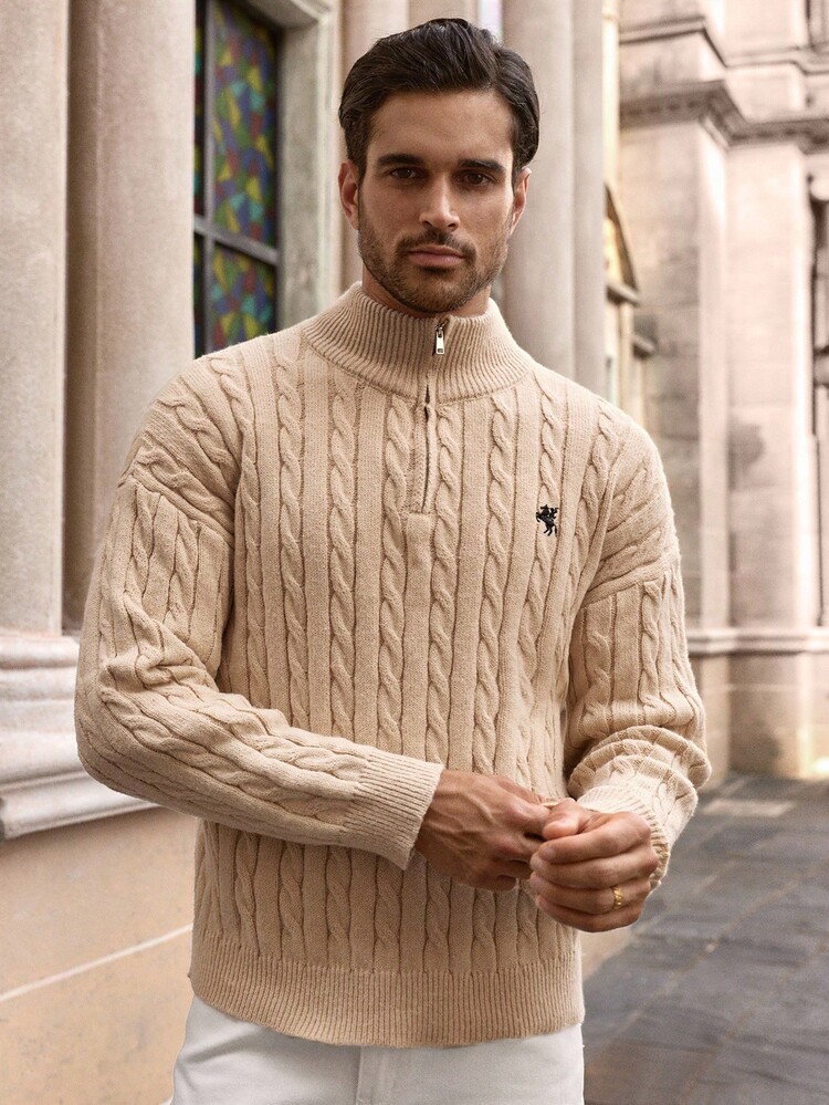 HIMLAND Men's Autumn/Winter Zipper Half-Open Chest Fashionable Knitted Pullover Sweater, Casual Knitwear Cable Knit Sweater Men Knit Jersey Quarter Zip Polo Sweater, Long Sleeve Top - Apricot - View 4