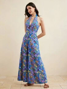 JIAN LASALA Women Multicolor Old Money Boho All-Over Print Halter Sleeveless Backless Knot Cut Out Summer Jumpsuits Vacation Floral Jumpsuit For Women Halter Jumpsuits For Women Boho Jumpsuit Jumpsuit Summer Wide Leg Jumpsuit Date Night Outfits Women Wedding Guest New Year Outfits Wedding Guest Luxury