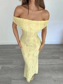 Siren Gaze 2025秋季女装新品！秋季必备单品 - 奶油黄碎花蕾丝露肩鱼尾下摆修身优雅连衣裙，生日、婚礼宾客、办公室工作、约会之夜、外出、早午餐、返校节和音乐会的完美之选，秋季女士服装之选 - 黃色 - 查看 5