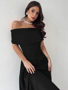 Firerie 女士优雅简约精致浪漫时尚性感连衣裙，露肩高腰 A 字形伞裙，适合度假、通勤、约会，灰色长裙 - 黑色 - 查看 3