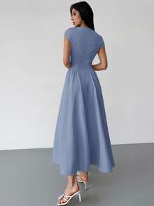 Firerie 女士优雅日常时尚新款度假短袖收腰A字中长连衣裙，黄色 - 藍色 - 查看 3