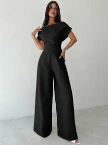 Firerie Summer New Women's Elegant Casual Commuter White Drop Shoulder Blouse & Wide Leg Pants Suit - Black - View 7