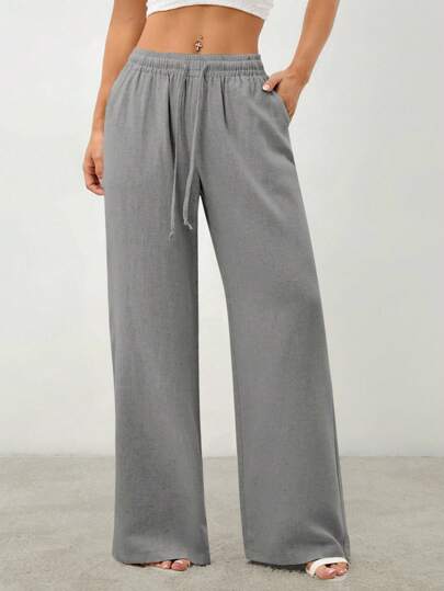 SHEIN PETITE Casual Solid Color Drawstring Waist Loose Pants