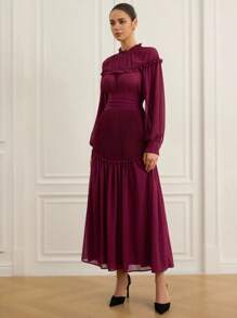 Aveloria Vestido de manga larga de gasa con pliegues y volantes en la cintura, de moda para el inicio del otoño para mujeres