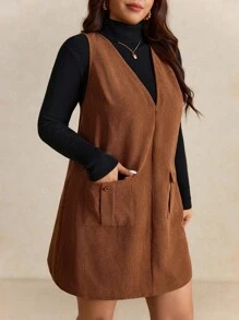 Elaquor Plus Size Women's Solid Color Utility Pocket V-Neck Casual Sleeveless Dress