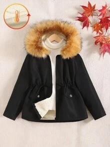 SHEIN 青少年女孩人造毛领蓬松风衣夹克，休闲百搭时尚外套 - 黑色 - 查看 1