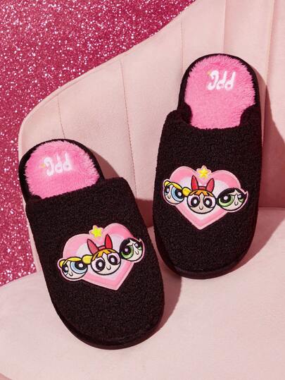 THE POWERPUFF GIRLS X SHEIN 时尚卡通刺绣防滑室内拖鞋女童柔软毛绒保暖冬季可爱家居鞋花朵、泡泡和毛茛，耐用鞋底，居家卧室空调房春秋冬