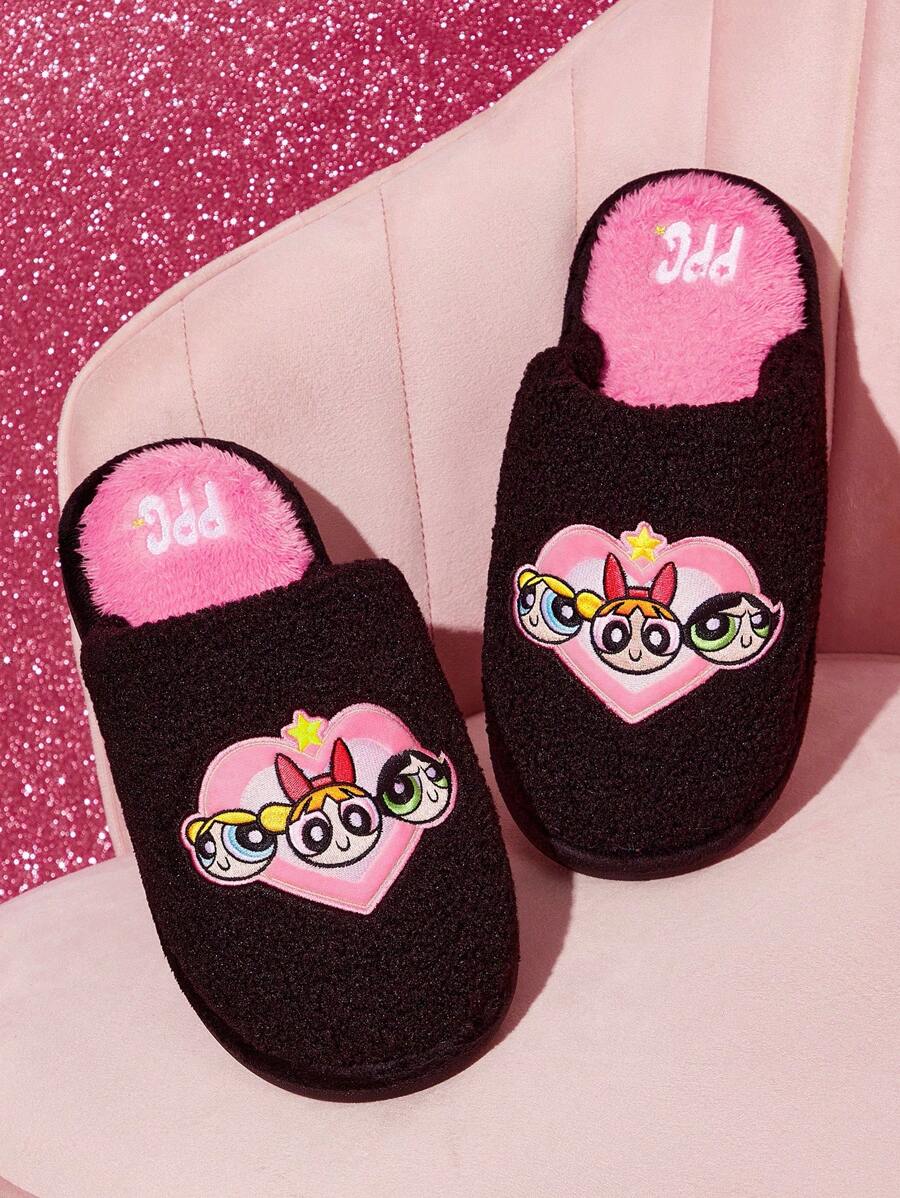 THE POWERPUFF GIRLS X SHEIN 时尚卡通刺绣防滑室内拖鞋女童柔软毛绒保暖冬季可爱家居鞋花朵、泡泡和毛茛，耐用鞋底，居家卧室空调房春秋冬 - 黑色 - 查看 1