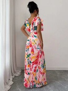 Elenzga 荷叶边袖 V 领度假 A 字腰褶皱优雅浪漫女式连衣裙 - 彩色 - 查看 2