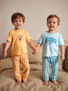 4pcs Toddler Boys' Cartoon Elephant & Tiger Print Short Sleeve Snug Fit Pajamas Set,Blue And Yellow Striped,Summer,Cute,Night Comfortable Homewear - Multicolor - View 1
