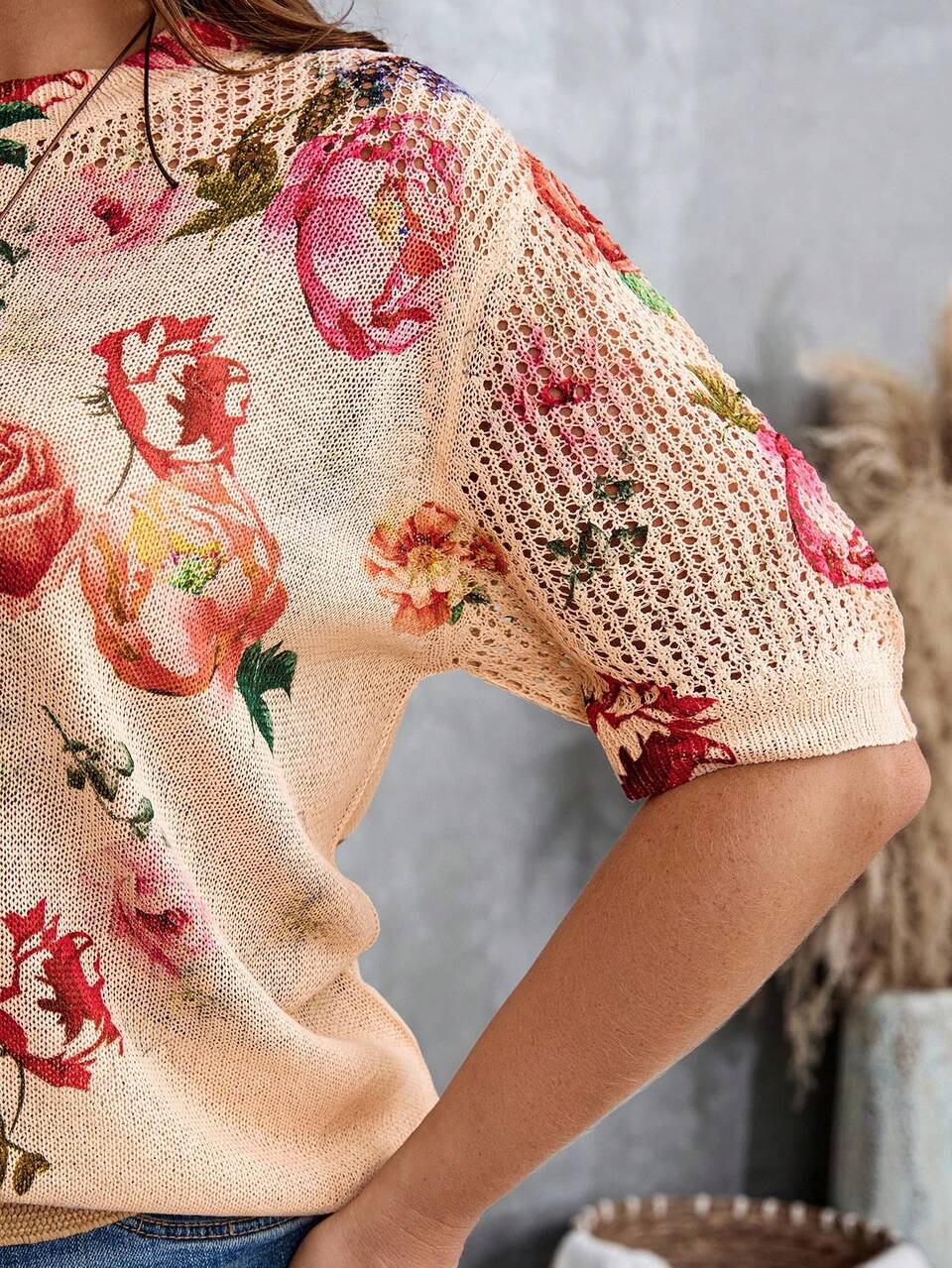 New Vintage Artistic Tie-Dye Print Round Neck Lightweight Knit Pullover Sweater For Women, Spring/Summer ,Flower Fall