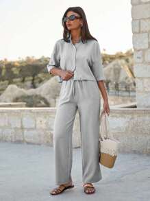 EURMUSE Women Cotton Crop Shirt & High Waist Pants Set - Light Grey - View 4