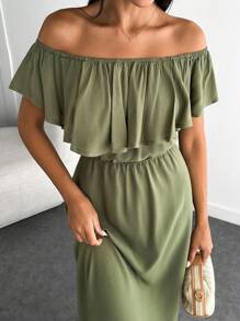 EURMUSE Petite Petite Size Holiday Ruffle Off Shoulder Dress - Army Green - View 5