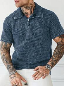 Manfinity Homme 男士水洗休闲纹理夏季短袖 Polo 衫 - 藍色 - 查看 7