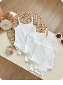 SHEIN Baby Girl Casual Knitted Solid Color Bodysuit Camisole  3pcs/Set With Snaps