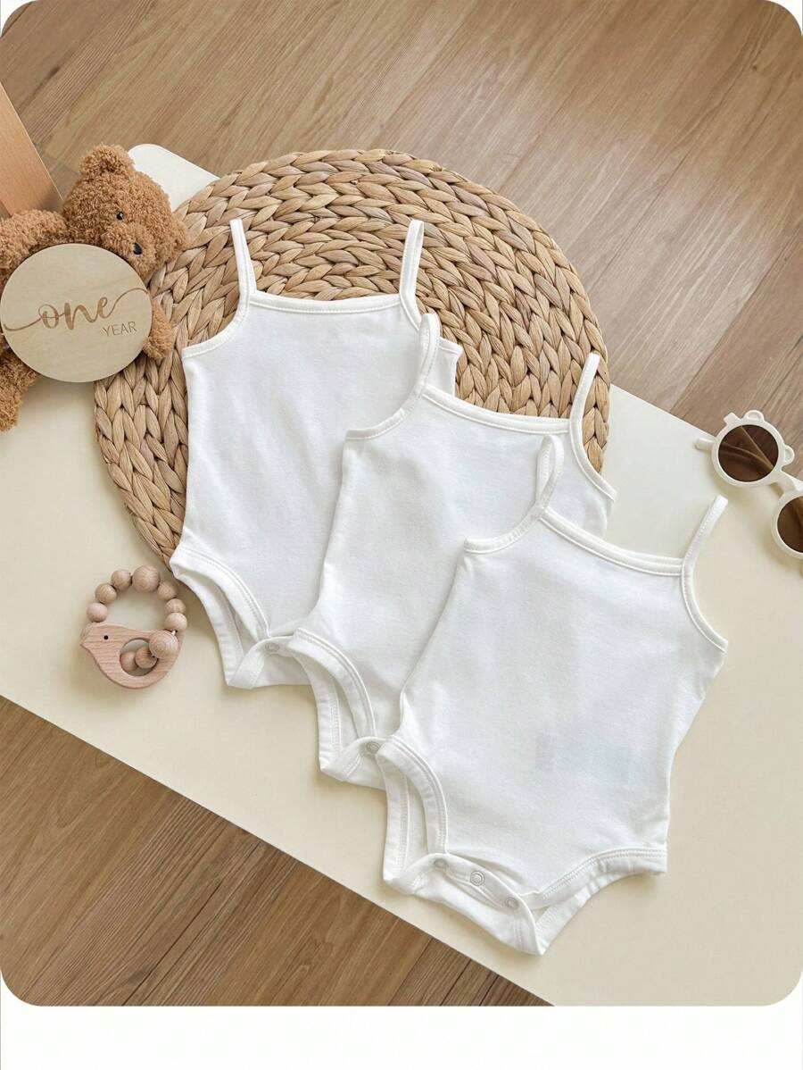 SHEIN Baby Girl Casual Knitted Solid Color Bodysuit Camisole  3pcs/Set With Snaps