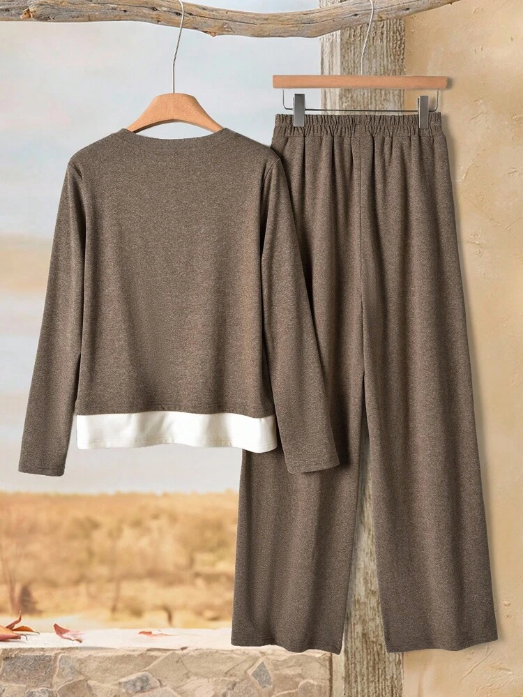 2枚セット レディース カジュアル パッチワーク コントラストカラー トップス&パンツ セット ブラウン 2ピースセット レディース 快適 2ピースセット レディース 2ピース ラウンジウェア 2ピース パジャマセット FALL