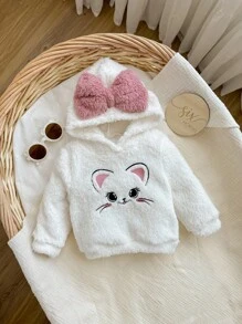 Babygirl Cute Versatile Fuzzy Cartoon Embroidered Pattern Pink Bow White Hoodie, Autumn/Winter