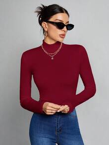 SHEIN Tall Simple Solid Color Slim High Collar White Top Suitable For Autumn And Winter,Red Top - Burgundy - View 3