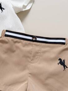 新生男婴/女婴可爱夏季休闲百搭都市白色短袖衬衫、松紧腰卡其色短裤套装