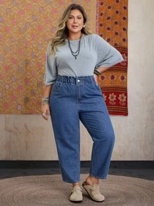 EMERY ROSE Jeans harem con bolsillo en ángulo de talla grande, otoño - Azul lavado medio - Ver 4