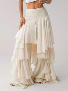SHEIN ICON Asymmetrical Chiffon Ruffle Patchwork Loose Women Ruffle Hem Pants Beige Pants - Beige - View 6