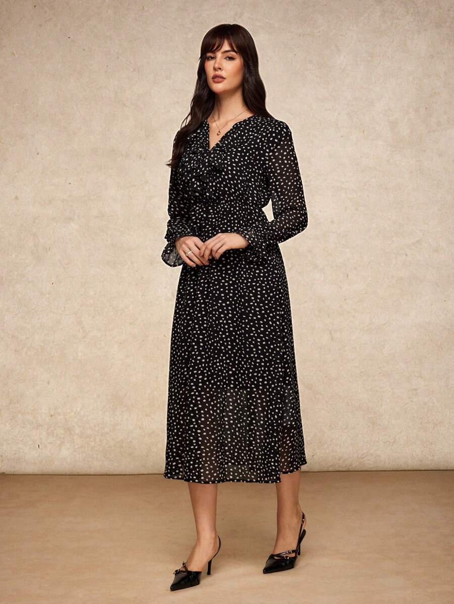 Robe Manches Longues à Pois Noirs Et Blancs Alice + Olivia Taille S En Soie