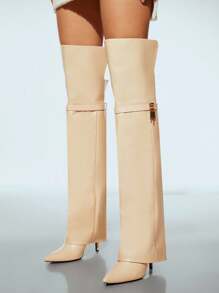 SHUZIA Women Fashion Comfortable Folded Over Over-Knee Heeled Boots With Lock Decor - Beige - View 4