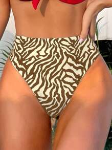 SHEIN Swim 2 件女士夏季海滩斑马纹比基尼泳裤，随机印花 - 米色 - 查看 1