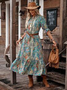 LanaWest Women's Bohemian Style Printed Mid-Sleeve Dress,Ladies Boho Fringe,Ruffle Hem Half Sleeve Tie Neck Loose Long Multicolor Flounce Sleeve All Over Print,Paisley Smock Women Long Dresses,Spring/Fall,Casual Daily Wear Maxi Women Outfit